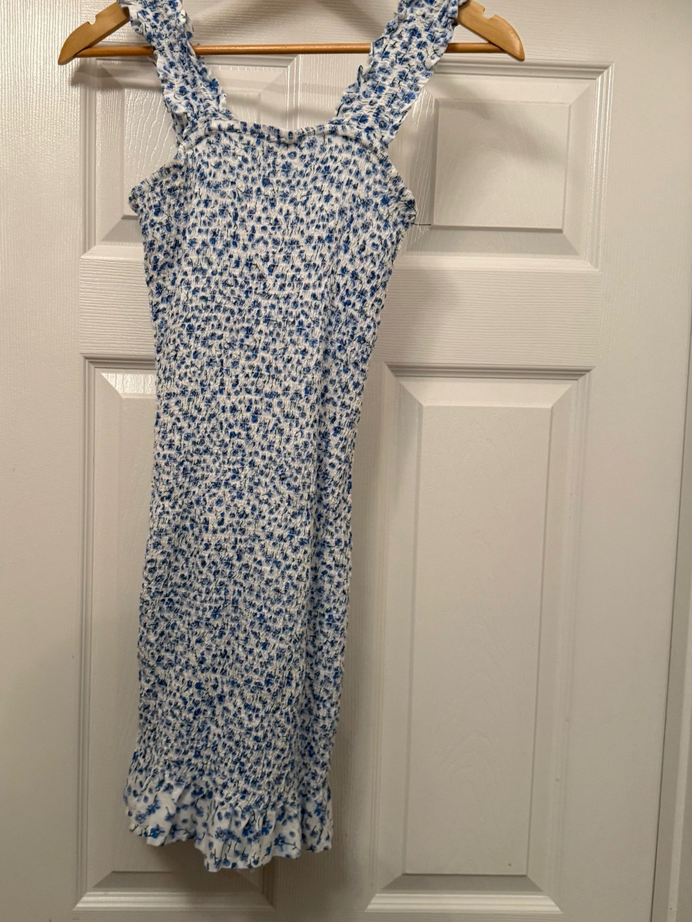 Japna Smocked Dress Womens Small Blue White Floral Ruffle Strap Mini Bodycon